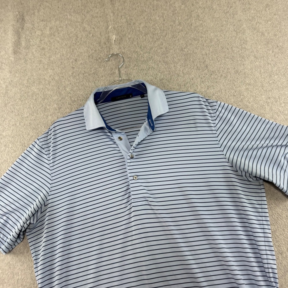 Greyson Polo Shirt Mens Medium Blue Striped Longboat Key Club Golf Performance
